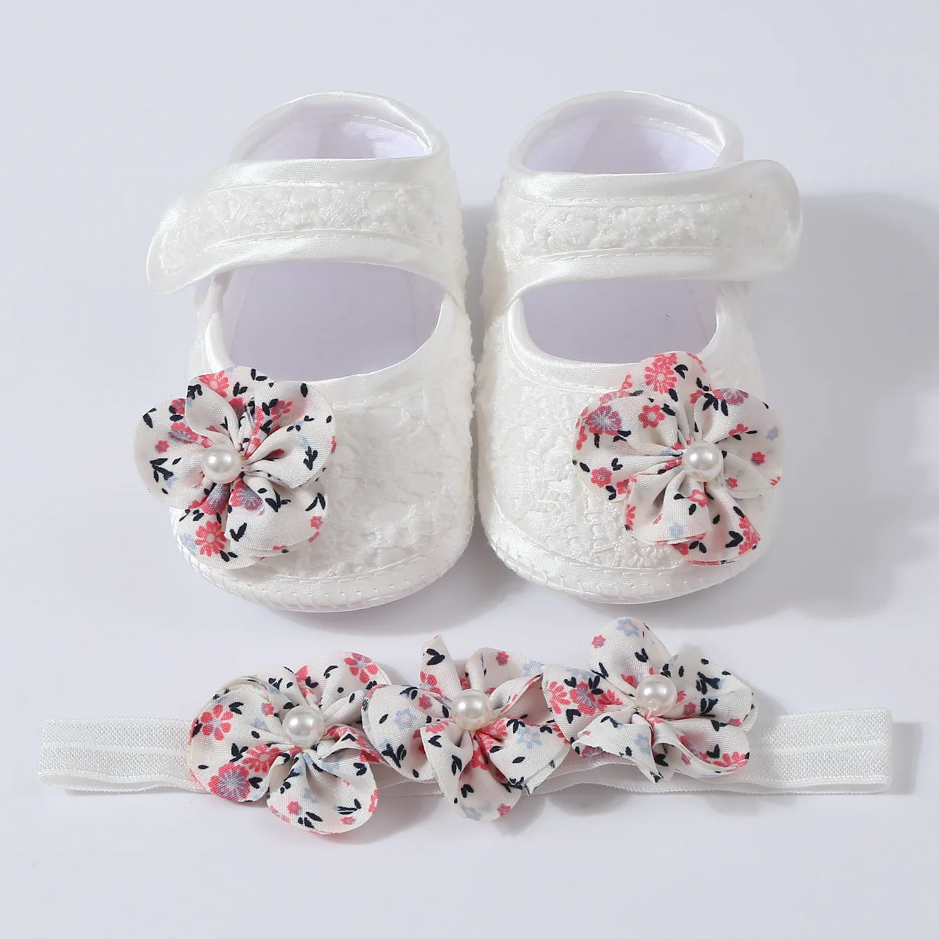New 1Set Floral Pearl Headband Antiskid White Baby Shoes Newborn Toddler Prewalker Shoes Solid Floor Socks Girls Socks Headwear - imagen 4