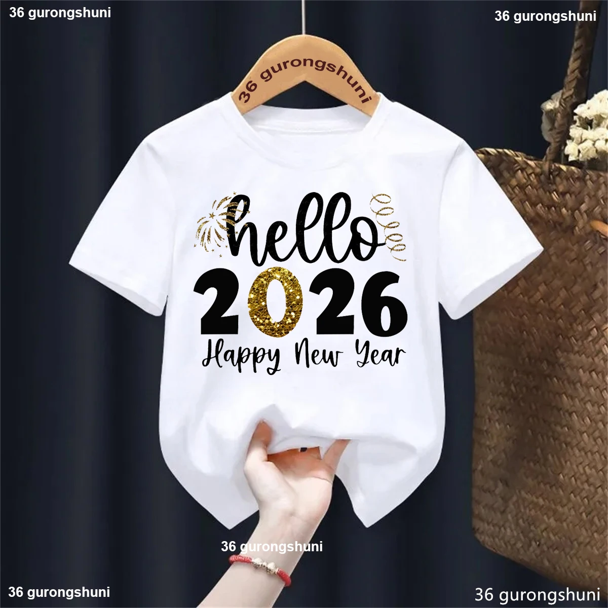 Camiseta con estampado de Feliz Año Nuevo de Hello 2026, trajes para niños y niñas, ropa para fiesta de vacaciones de invierno, camisetas de manga corta para niños