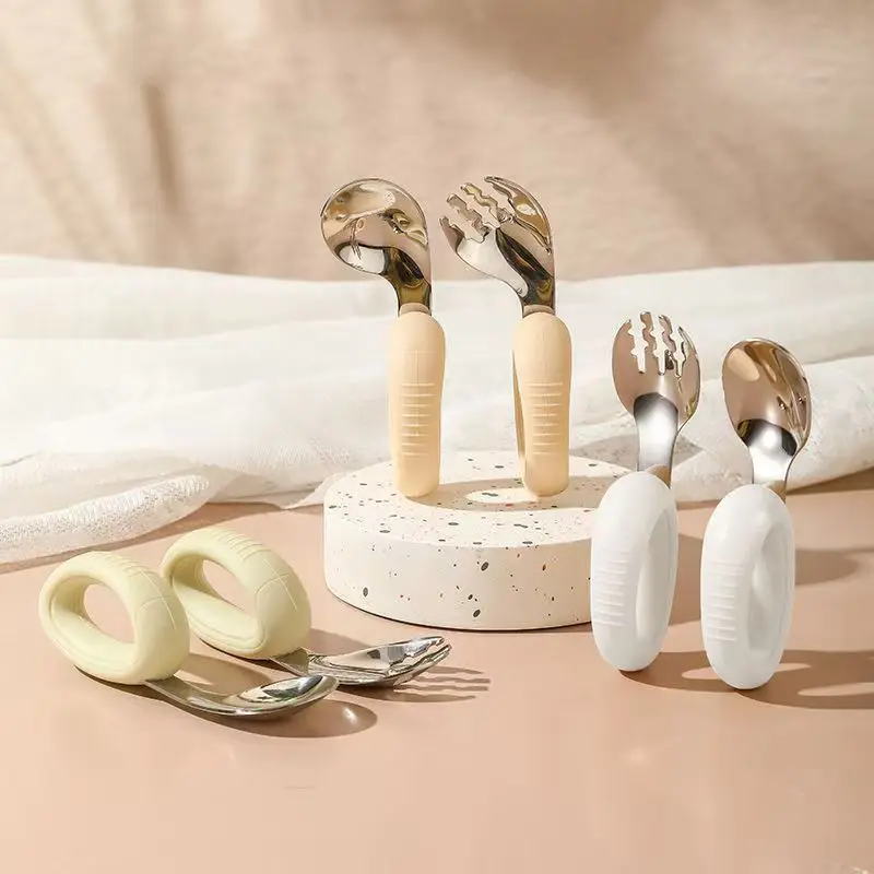 Mango de silicona de acero inoxidable 304, tenedor de entrenamiento para niños y cuchara, leamning para comer, cuchara creativa para codo, complementar para bebés - imagen 3