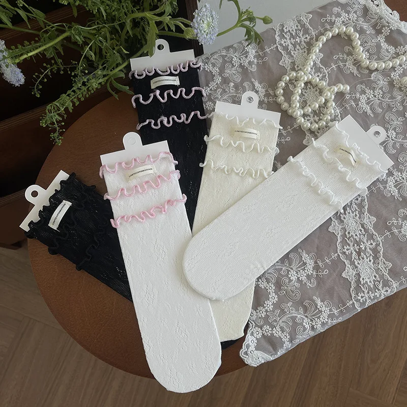 1 par de calcetines sencillos coreanos hasta la pantorrilla para niños y niñas, calcetines con volantes de Color sólido Jacquard para niños, calcetines escolares de algodón suave para primavera y verano