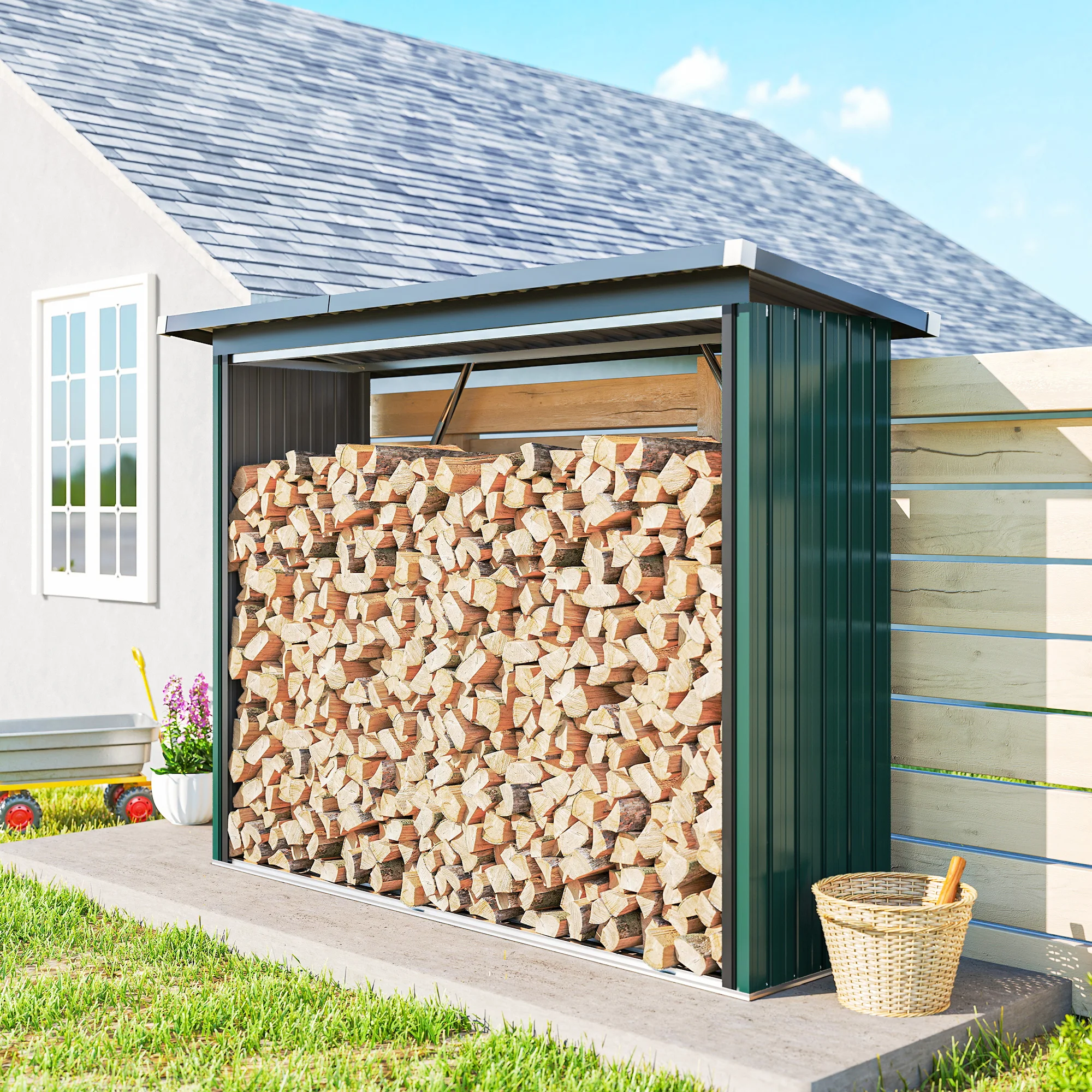 Outsunny Casetilla para Leña de Acero Galvanizado, Cobertizo Leñero Exterior de Almacenamiento de Troncos, con Base Elevada y Techo Inclinado, 213x66,5x150 cm, Verde - imagen 2