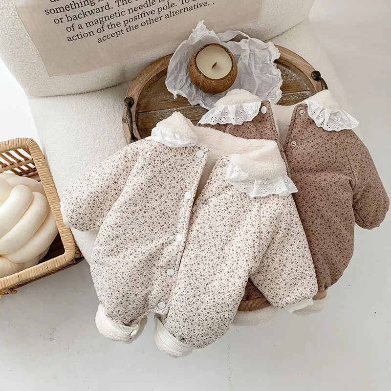MILANCEL, nuevo peleles acolchados de franela Floral para bebé, monos con forro de piel para niñas, monos gruesos de lana Floral, ropa para niños pequeños, mono - imagen 2
