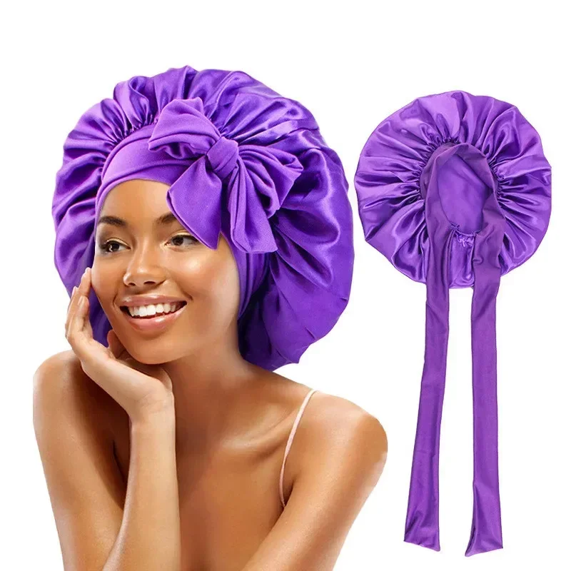 Gorro de satén de seda, gorro ajustable Bonne para dormir, gorro con banda para atar, cuidado del cabello trenzado rizado, rastas, 1 ud. - imagen 2