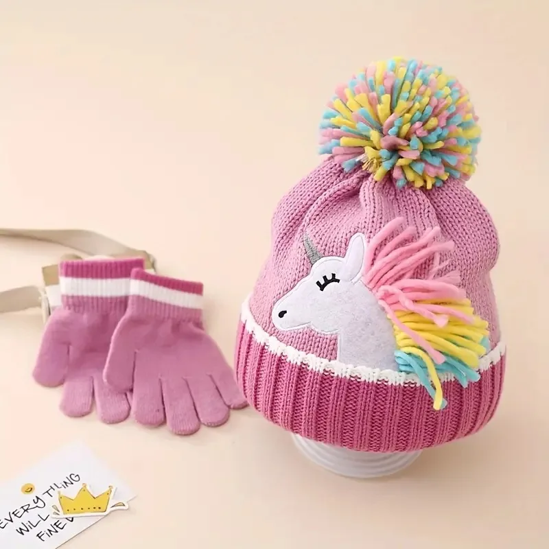 Gorro de unicornio bonito para niñas, conjunto de gorro y guantes de invierno, gorro de punto, conjunto de manoplas con tapa abatible para niños pequeños y niñas