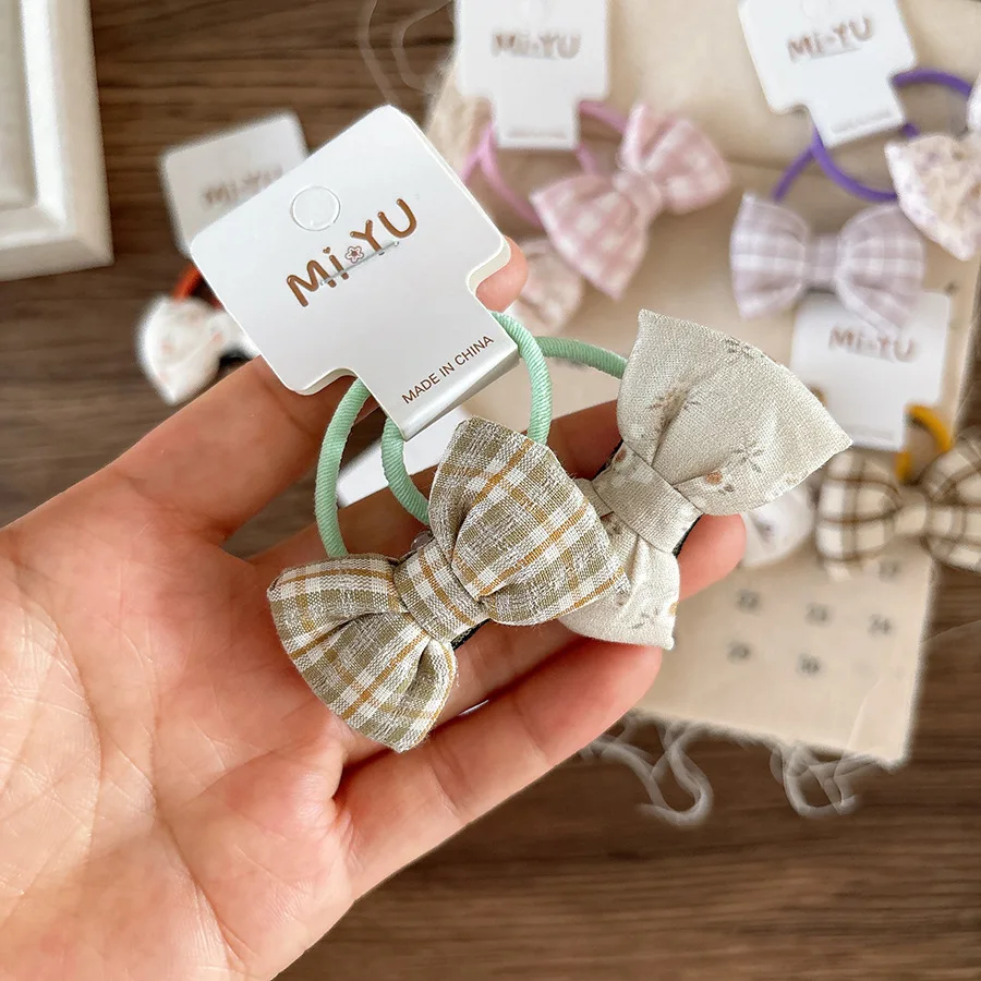 Banda de cuerda para el pelo para niños con lazo a cuadros de tela dulce coreana, banda de goma pequeña Floral, accesorios para el cabello para niñas y niños - imagen 3