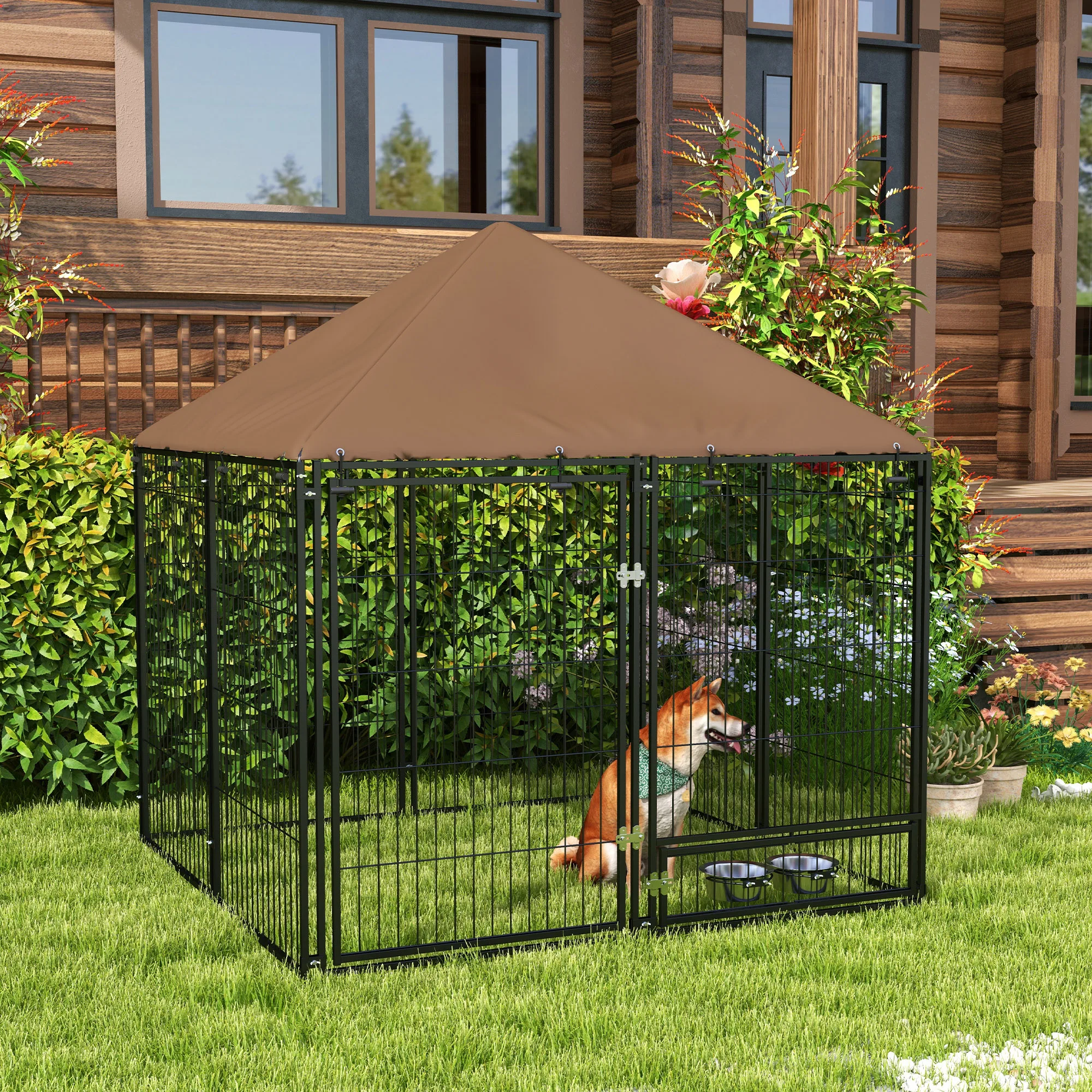 PawHut Perrera con Toldo Parque para Perros Metálica de Exterior con Soporte Giratorio para Comida 2 Cuencos para Patio Jardín Terraza 141x141x151 cm Negro - imagen 2
