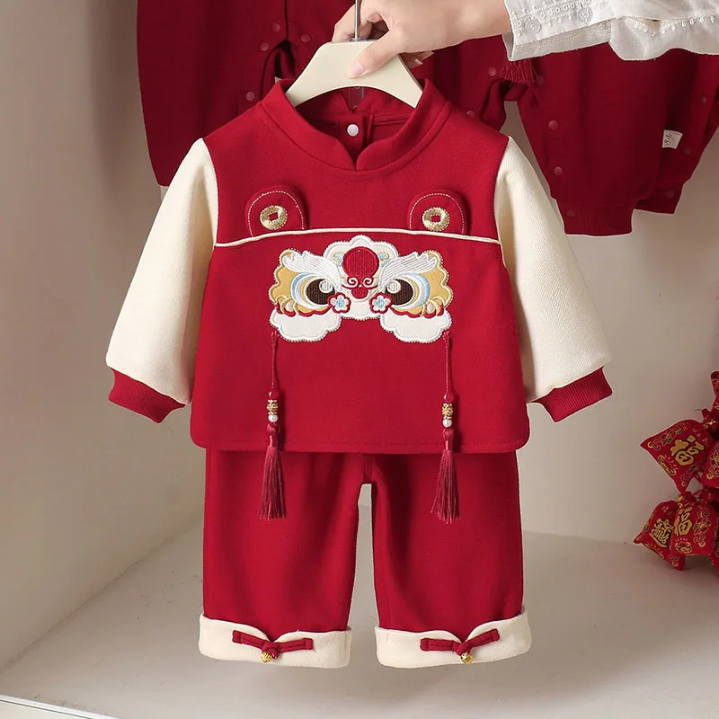 Conjunto bebé manga larga – Rojo con dibujos animados primavera otoño - imagen 3