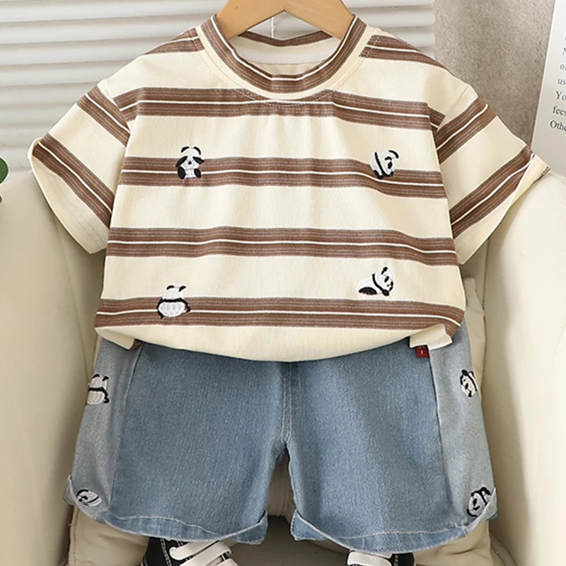 Conjunto veraniego bebé: tops algodón panda a rayas y shorts vaqueros - imagen 2