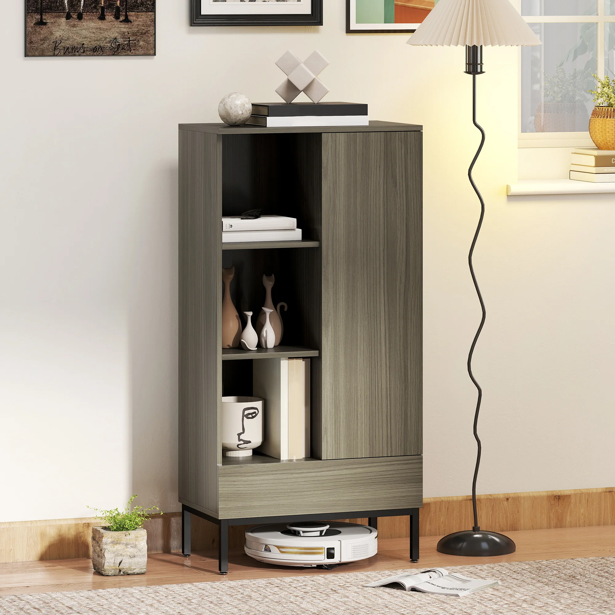 HOMCOM Aparador 1 Puerta Aparador para Salón Moderno con Cajón Estante Ajustable y 3 Compartimentos Abiertos para Comedor Entrada Dormitorio 60x34x121 cm Natural