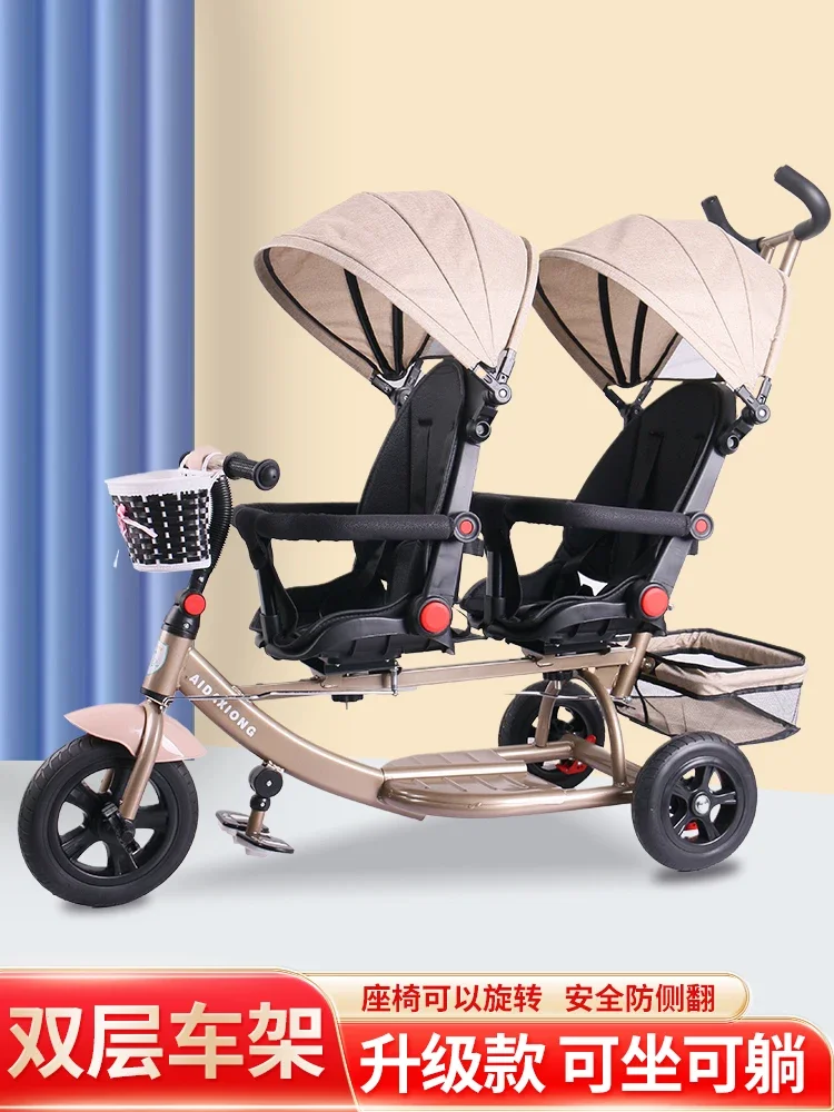 Carrito de mano doble para niños, tamaño dos asientos delanteros y traseros, bicicleta de bebé doble, puede sentarse y acostarse, cochecito de bebé, herramienta divina - imagen 2