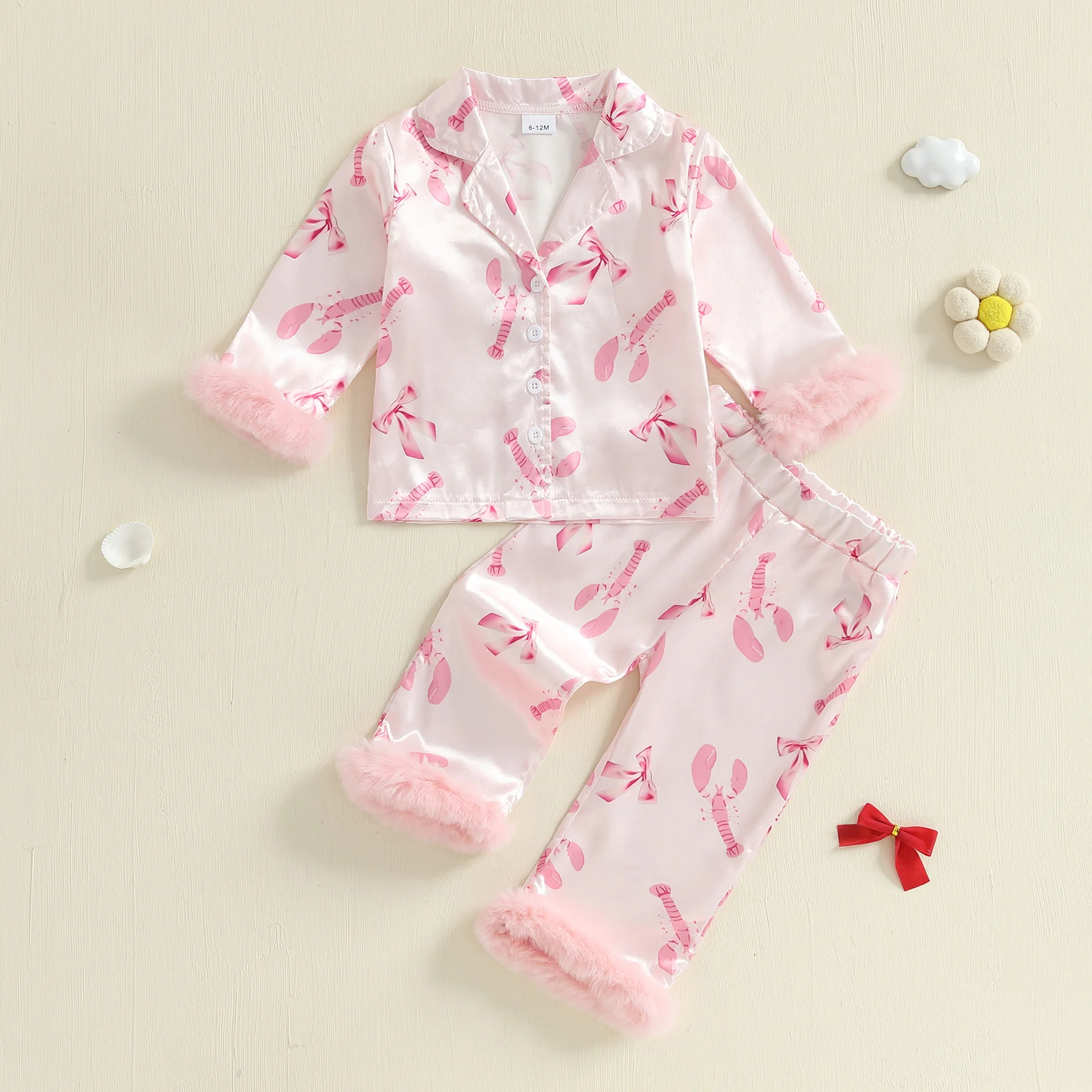 Conjunto de pijamas para niñas de 1 a 4 años, camisa de manga larga con botones y estampado de langosta y lazo con ribete de plumas y pantalones elásticos para ropa de descanso