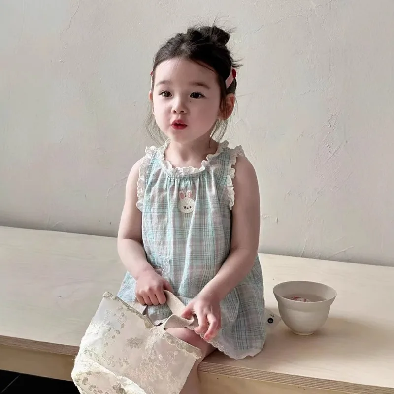¡2025 nuevo vestido camisola con ribete de encaje para niñas de verano: lindo estampado de conejo, vestido transpirable elegante y adorable para niñas pequeñas!