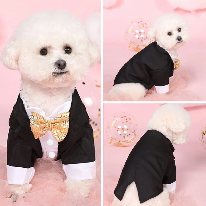 Camisa de esmoquin para perros pequeños, ropa formal para perros, disfraz de boda, traje con pajarita, traje para perros, cumpleaños de mascotas, ropa navideña - imagen 3