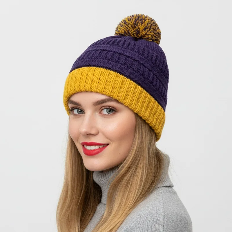 ¡Beanie con pompones y bloques de color más vendido! Moda para mujer, gorro de punto cálido a prueba de viento, versátil, elegante, acogedor y llamativo.