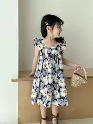 Vestido de niña floral princesa con manga volante verano dulce