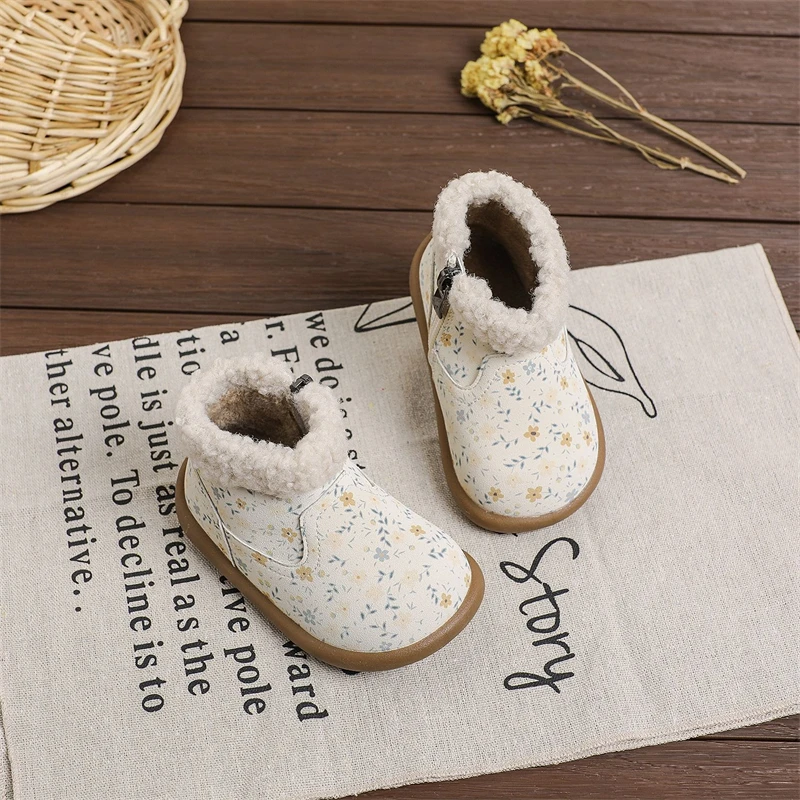 Otoño Invierno, botas de nieve para niñas, zapatos de princesa florales de felpa cálidos para exteriores, botas antideslizantes de suela suave para niños pequeños - imagen 2