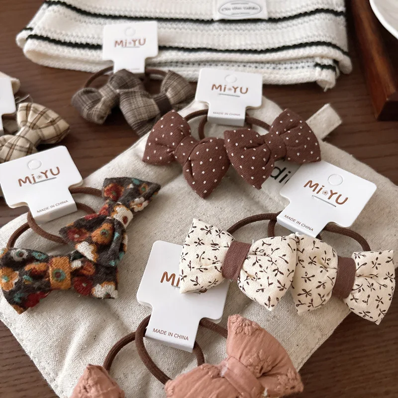 2 unids/set coreano niños lazos para el cabello tela Beige dulce elástico con patrón Floral de lunares bandas para el cabello doble retorcido para niña