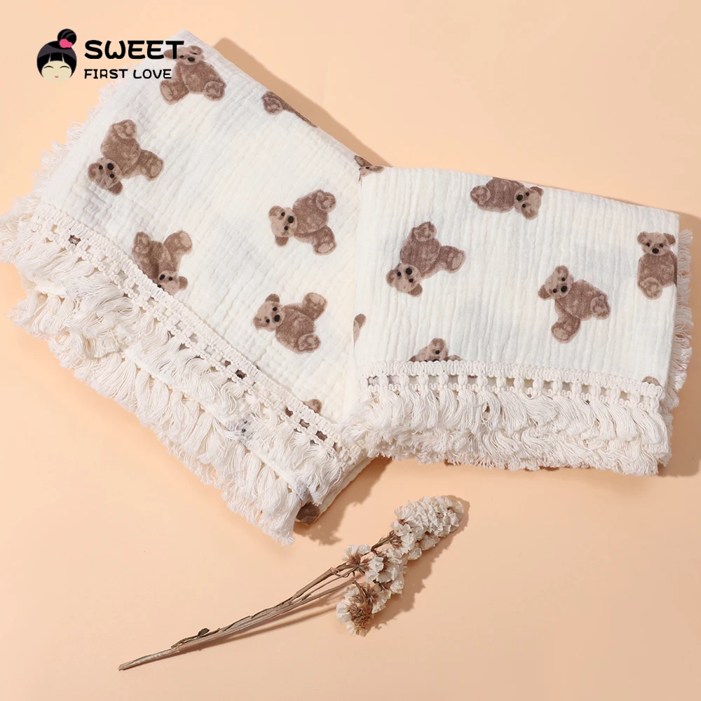 Mantas de muselina de algodón para bebé recién nacido, manta receptora con borlas, edredón infantil con flecos, funda de cama para dormir