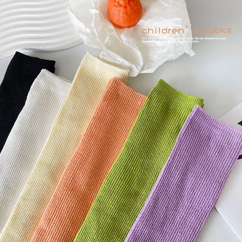 Medias de punto de Color caramelo para niños, calcetines hasta la rodilla de algodón transpirables a rayas de Color sólido para niñas, calcetines de tubo medio, tamaño libre 30cm - imagen 4