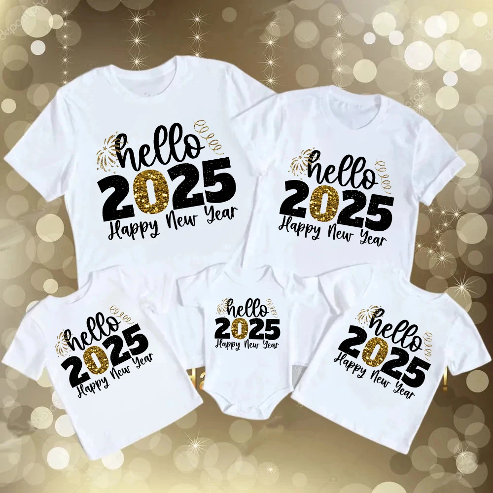 Hola 2025, Feliz Año Nuevo, trajes a juego para la familia, papá, mamá, camisa para niños, mono para bebé, camiseta familiar, fiesta de vacaciones, ropa familiar