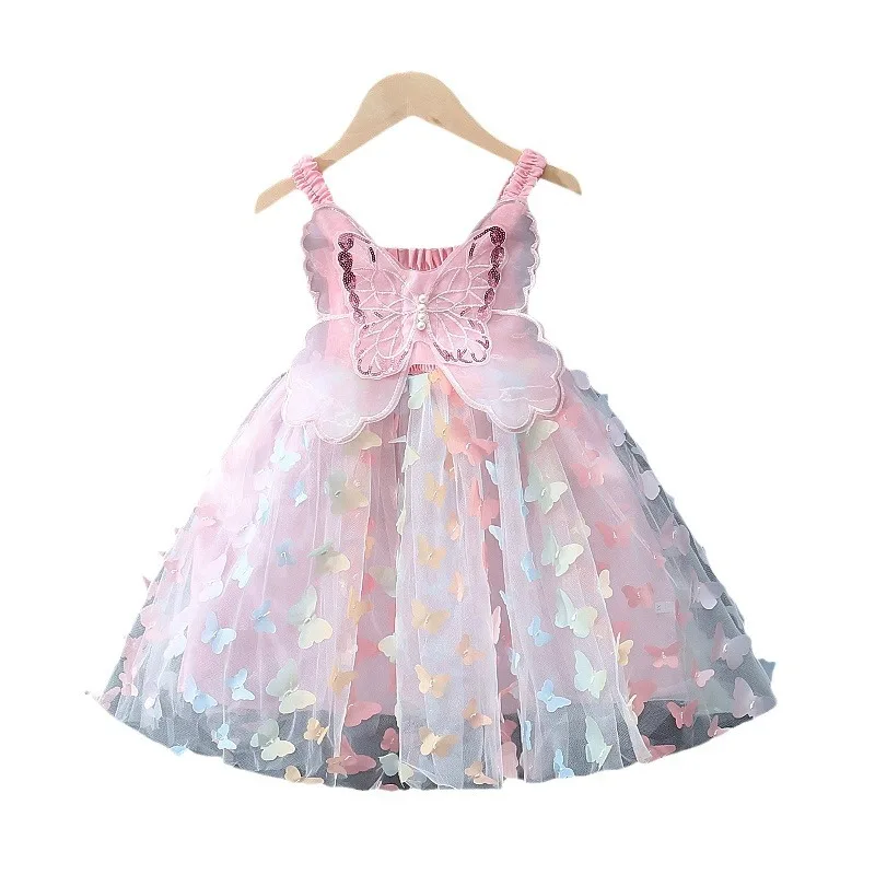 Vestido de verano para niñas pequeñas, dulce princesa, bordado de flores, volantes, sin mangas, lazo, tul, vestido de fiesta para niños pequeños con alas - imagen 5