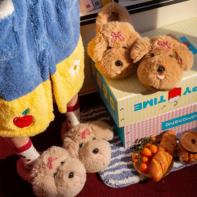 Zapatillas mullidas de dibujos animados para mujer, zapatos cálidos de invierno, chanclas de algodón suaves de felpa con perro divertido para interior del hogar, novedad de 2025 - imagen 3