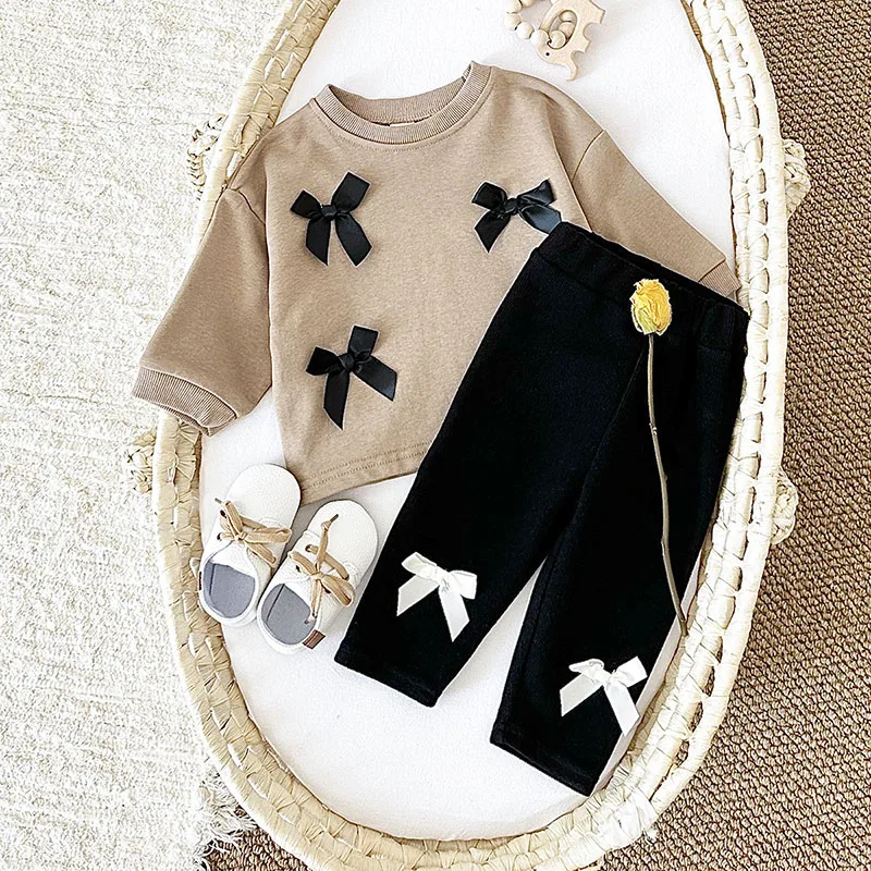 MILANCEL, nuevo conjunto de ropa de bebé de primavera, lindo traje con capucha con lazo de dibujos animados para niñas pequeñas, traje suelto para niños pequeños, 2 uds. - imagen 4