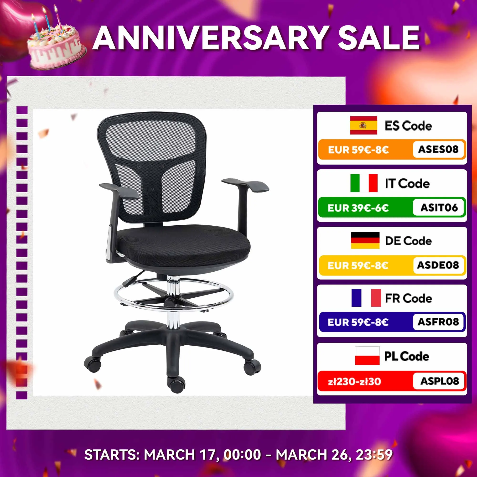 Vinsetto Ergonomic Mesh Drawing Chair Swivel Desk Chair with Armrests Adjustable Footrest Ring and Seat Height for Living Room Office 59X59X95-115 cm Black