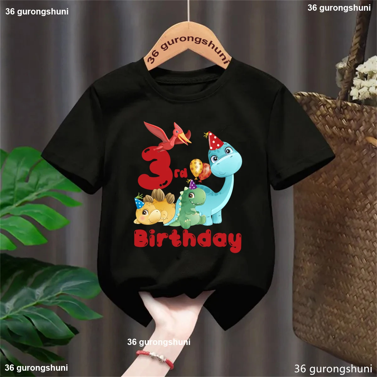 Camiseta negra con estampado de globos de dinosaurio de 2 °/3er/4 cumpleaños, camiseta divertida Kawaii para niñas y niños, ropa para niños, camiseta sólida - imagen 2