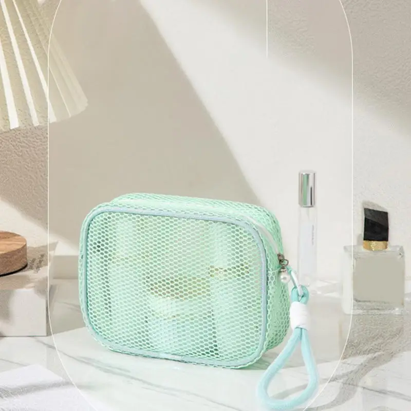 Bolsa de maquillaje de viaje portátil, Mini bolsa de almacenamiento de rejilla, bolsa de almacenamiento de cosméticos transpirable, tamaño compacto, un solo Color - imagen 5