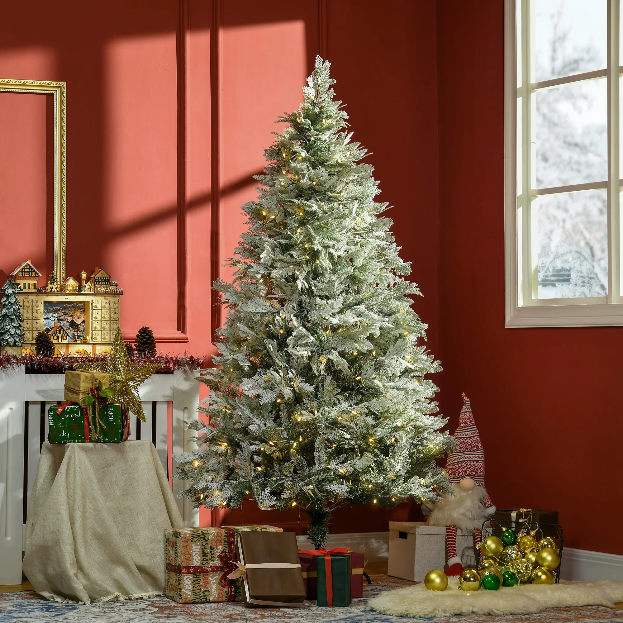 HOMCOM Árbol de Navidad Artificial 180 cm con 300 Luces LED Blancas Cálidas Árbol de Navidad Nevado con 577 Ramas Apertura Automática Base Plegable Decoración Navideña para Interior - imagen 2