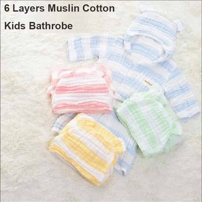 6 레이어 모슬린 어린이 가운 거즈 아기 긴 소매 후드 목욕 가운 어린이 목욕 타월 사랑스러운 귀 어린이 소년 소녀 가운 옷 - imagen 2
