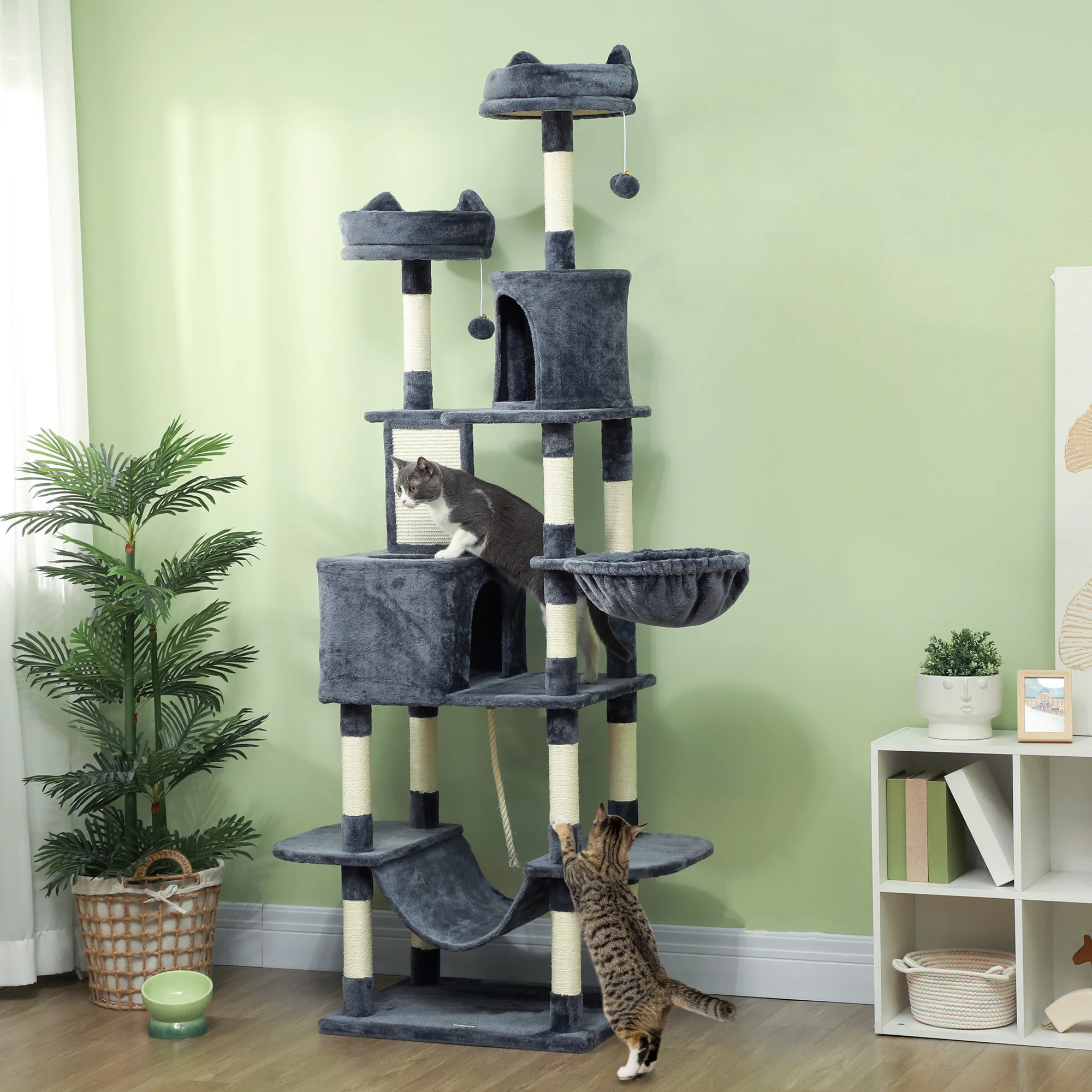 PawHut Rascador para Gatos Grande Altura 206 cm Árbol para Gatos Torre de Escalera con Plataformas Cuevas Bolas Colgantes y Hamacas Gris Oscuro