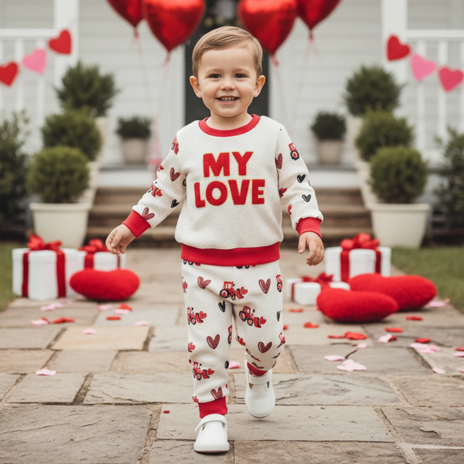 Suefunskry Conjunto de 2 piezas para el día de San Valentín para niño pequeño, bordado de letras, manga larga, cuello redondo, sudadera y pantalones para correr - imagen 5