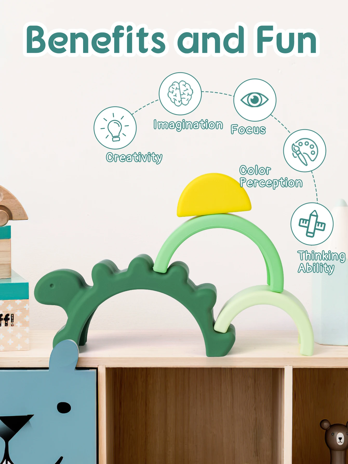 TYRY.HU 1 juguete de bloques apilables de dinosaurio de silicona sin BPA, juguete a juego de formas creativas, juguete de bloques suaves, juguete de bloques para bebés - imagen 2