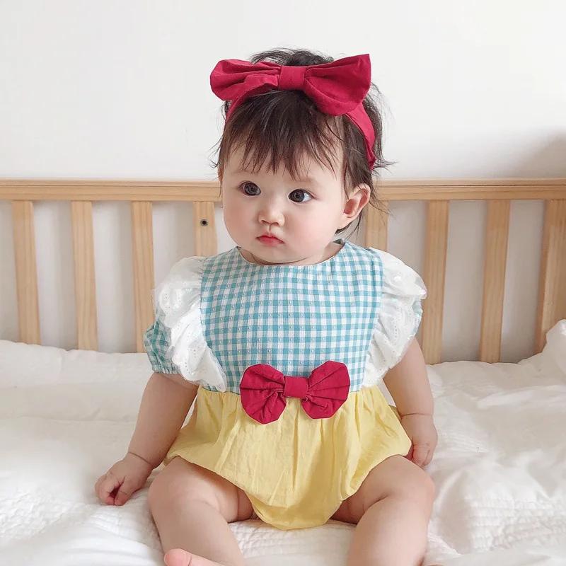 Pelele de princesa de verano para niñas, mono bonito para bebé con diadema con lazos, ropa para recién nacidos, mono coreano de una pieza, disfraz infantil 2024 - imagen 2