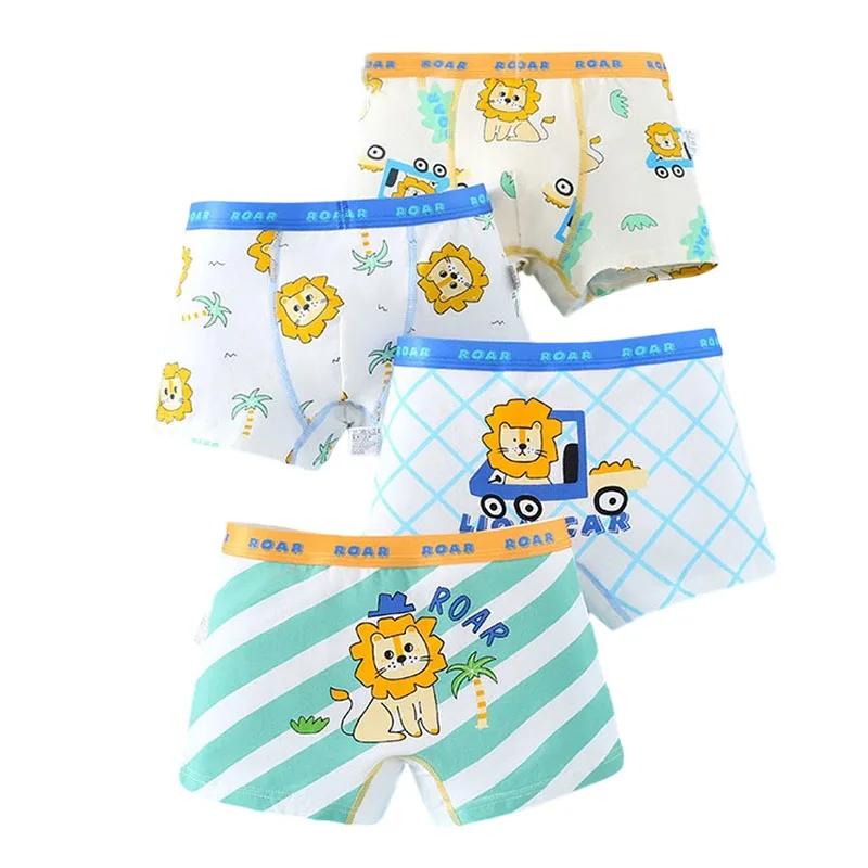 Calzoncillos Boxer de algodón de 4 piezas para niños, ropa interior cómoda para niños, bragas transpirables, Boxers con estampado de dibujos animados de León fresco para niños