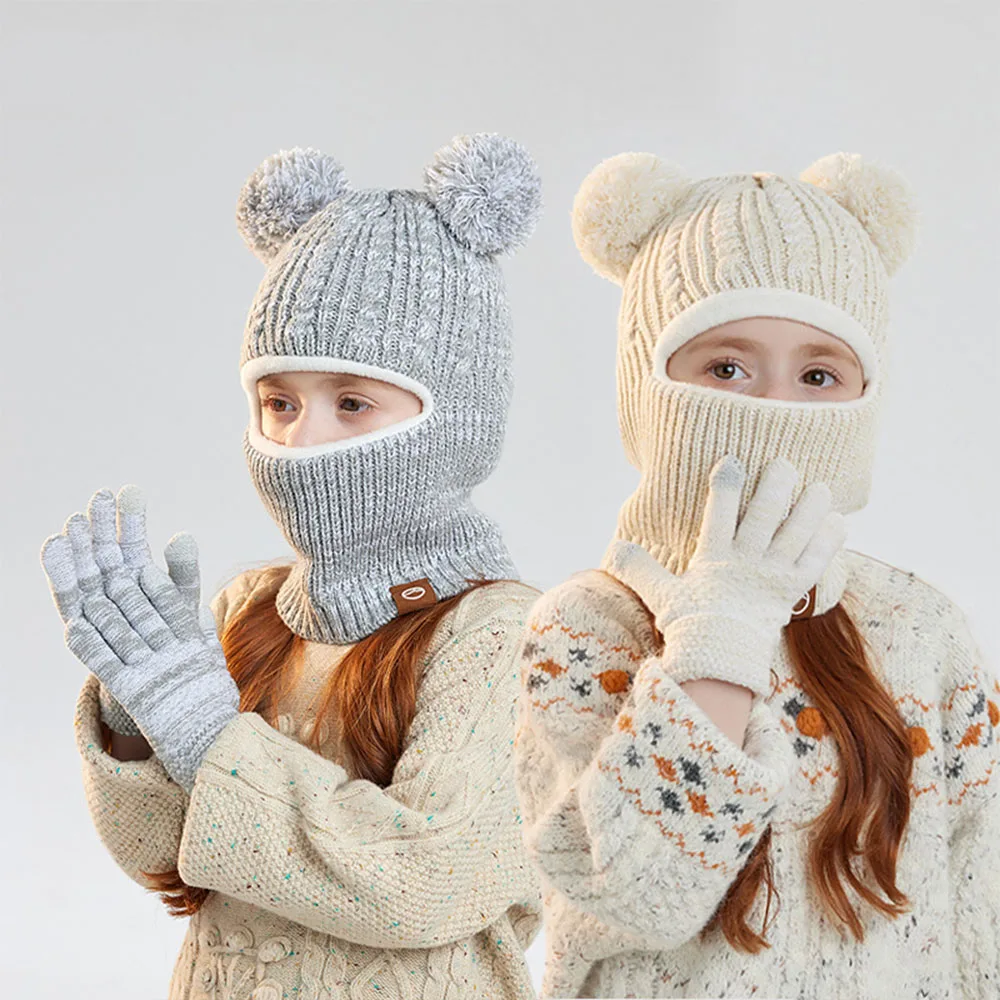 Gorro de punto con pompón y guantes elásticos para niños al aire libre - imagen 4