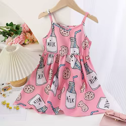 Vestido con tirantes para niña de 4 a 7 años, bonito vestido sin mangas con estampado de galletas y leche, ropa diaria de verano, vestidos para niños