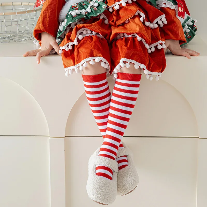 Año nuevo Navidad niños niñas regalo calcetines rayas hasta la rodilla calcetines hasta la pantorrilla Navidad niños medias a juego Accesorios