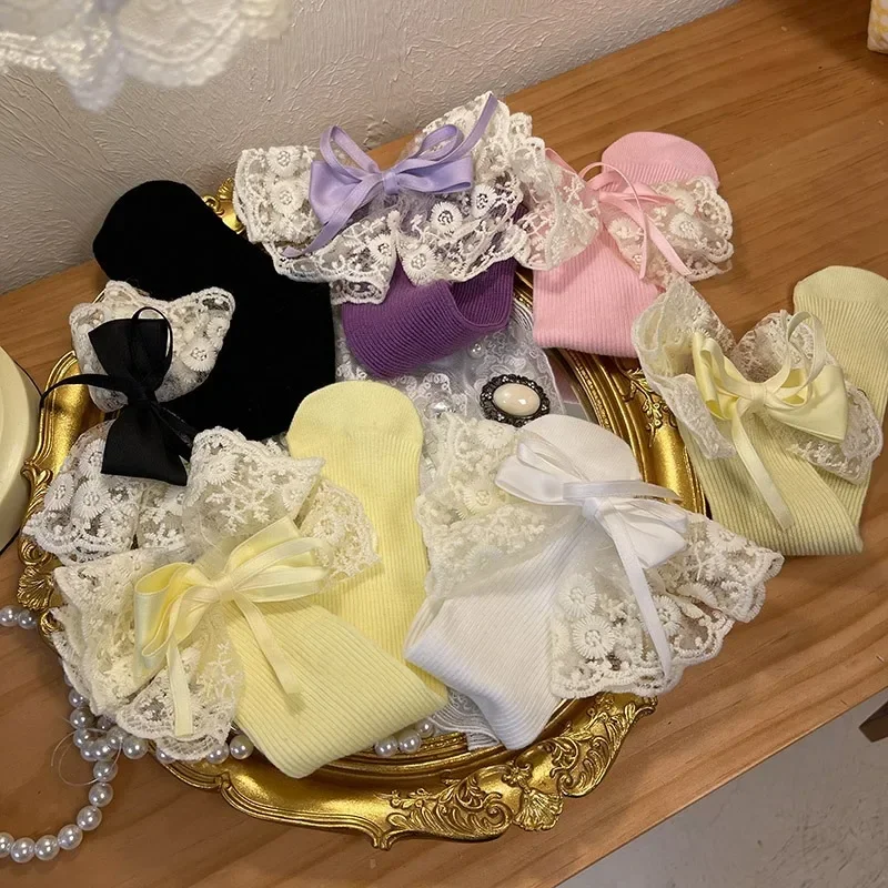 Calcetín de algodón suave hasta la rodilla para niña pequeña, calcetín Retro europeo, lazo de encaje, primavera y otoño, 2-8T, 1 par - imagen 3