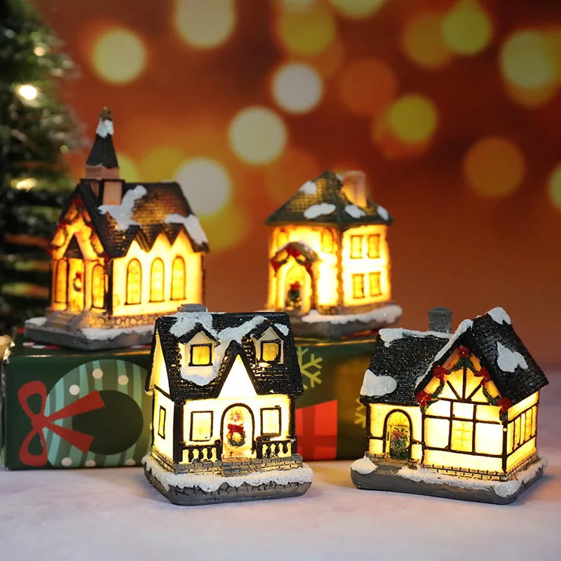 Casa de decoración navideña con luz LED, adornos de Navidad, Mini Casa de resina pequeña, edificio de pueblo en miniatura para el hogar, regalos para niños - imagen 2