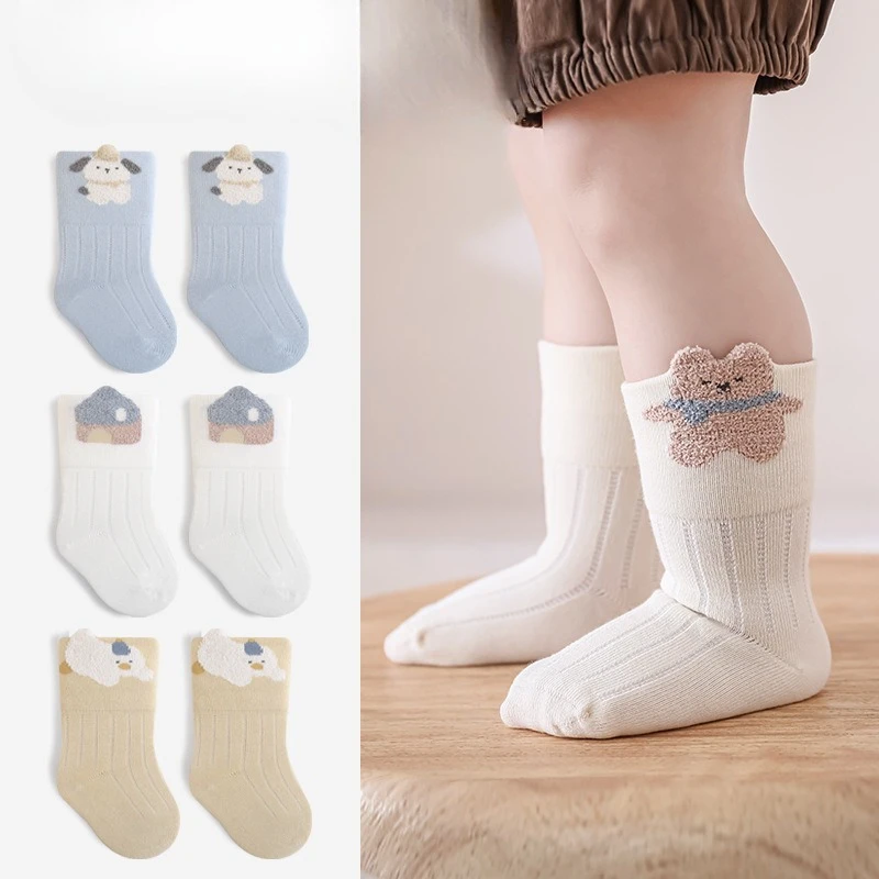 3 pares de calcetines de algodón para bebé, bonitos calcetines con diseño de animales de oso de dibujos animados para niños, calcetines para recién nacidos, calcetines bonitos y gruesos para bebés - imagen 2