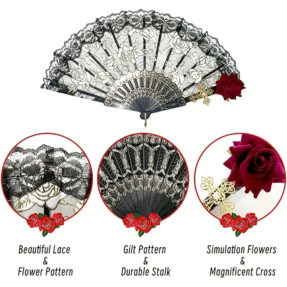 Abanico plegable vintage negro con encaje floral rosa para fiestas - imagen 2