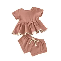 Conjunto algodón y lino para niña recién néeida – Camiseta con volantes y shorts