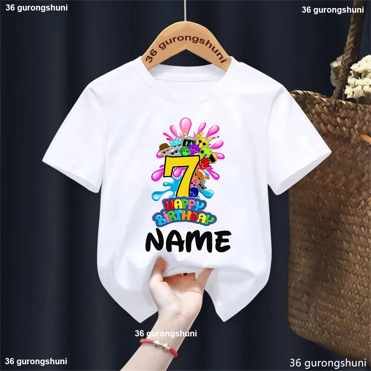 Camiseta colorida con estampado de Sprunki del 7 ° cumpleaños para niñas/niños, ropa para fiesta de cumpleaños con nombre personalizado, camiseta de verano para niños - imagen 3