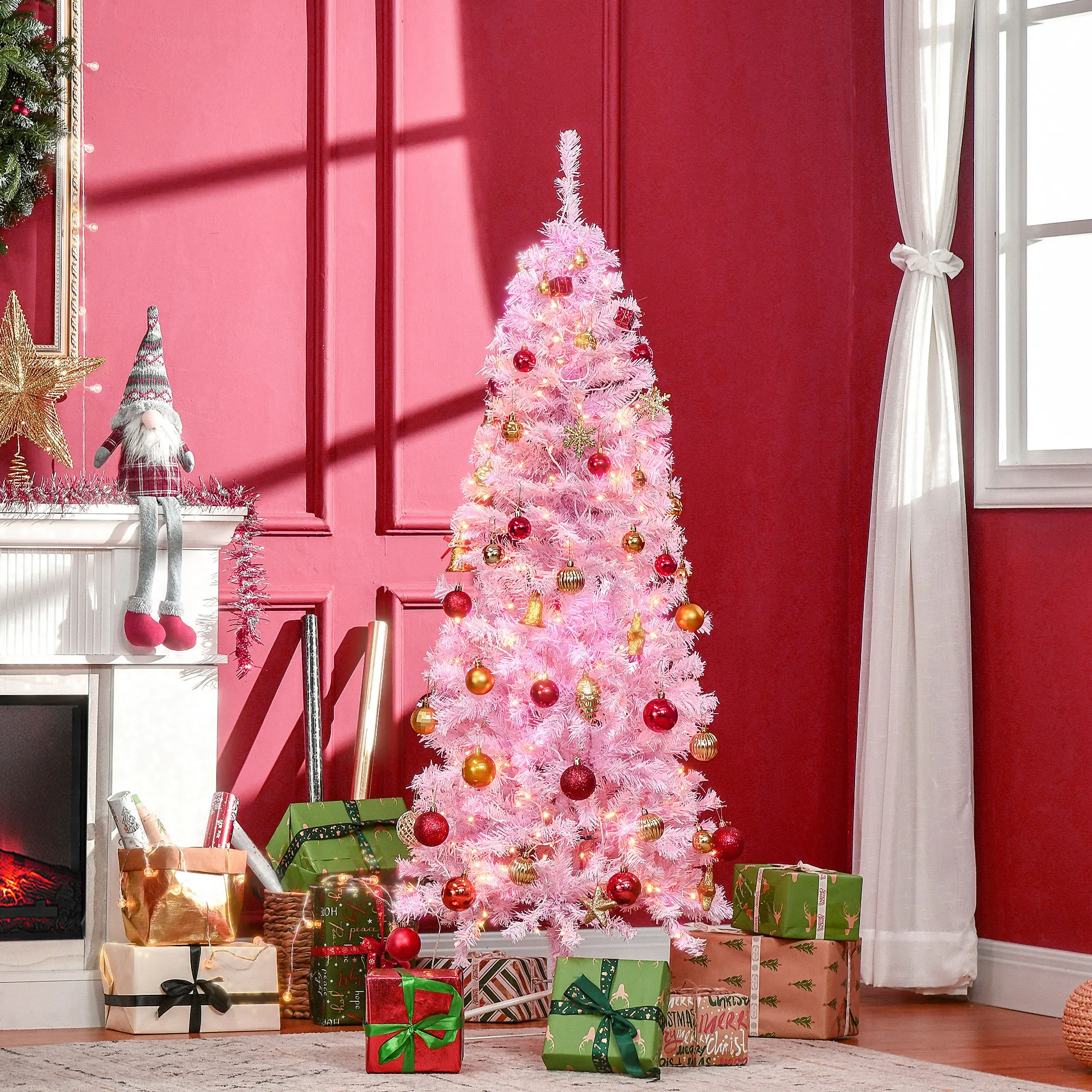 HOMCOM Árbol de Navidad Artificial Altura 180 cm Ignífugo con 618 Ramas 300 Luces LED IP20 Hojas de PVC Apertura Automática Base Plegable y Soporte Metálico Decoración Navideña para Interiores Rosa - imagen 2