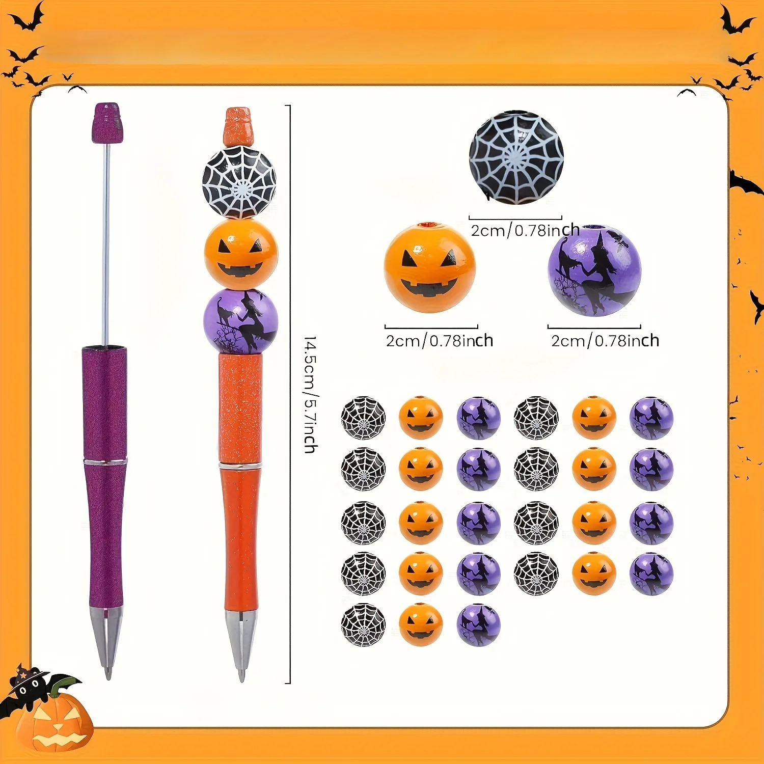 Stylos d'artisanat d'Halloween, stylos à perles bricolage citrouille sorcière toile d'araignée stylos à perles encre noire pour cadeaux d'Halloween fournitures de bureau scolaire - imagen 4