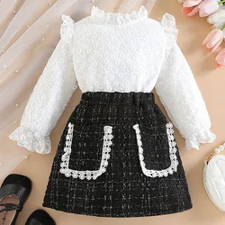 Conjunto de 2 piezas de primavera y otoño para niño niña, Tops de manga larga con bordado de encaje a la moda + falda a cuadros, ropa coreana para niño B064