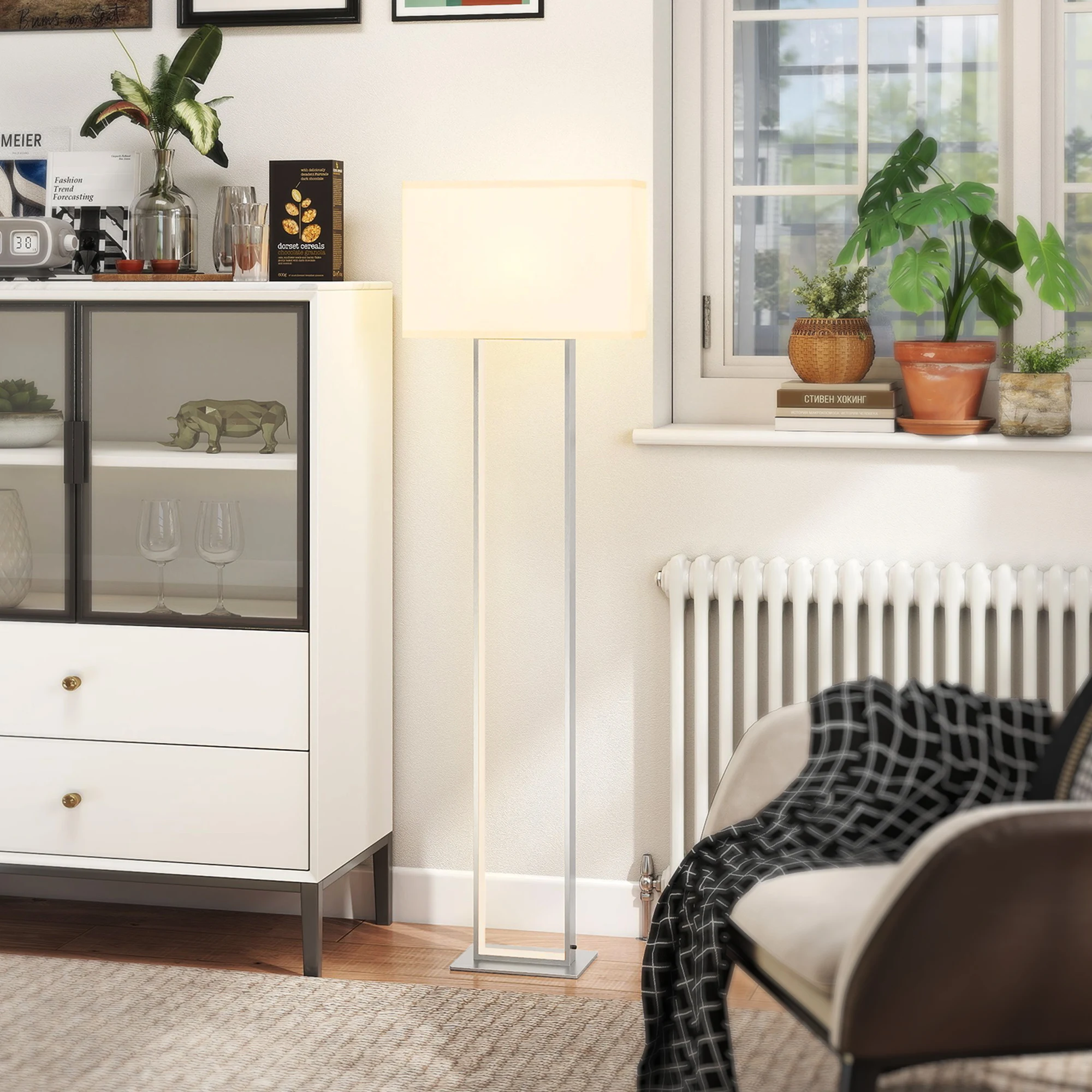 HOMCOM Lámpara de Pie Moderna 150 cm Lámpara de Pie para Salón con Pantalla de Tela Luz Nocturna Interruptor de Pie y Base Metálico para Dormitorio Oficina Sala de Estar Blanco